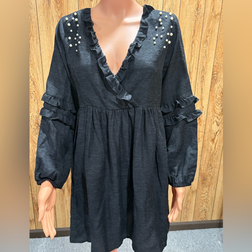 , Zara basic pearl-embellished ruffle dress.polyester blend dress